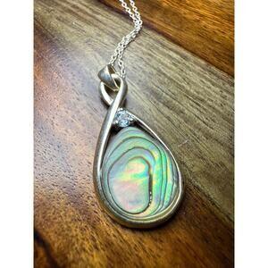 Vintage NV Sterling Silver 925 Mother of Pearl Blue Aqua Crystal Necklace 18"